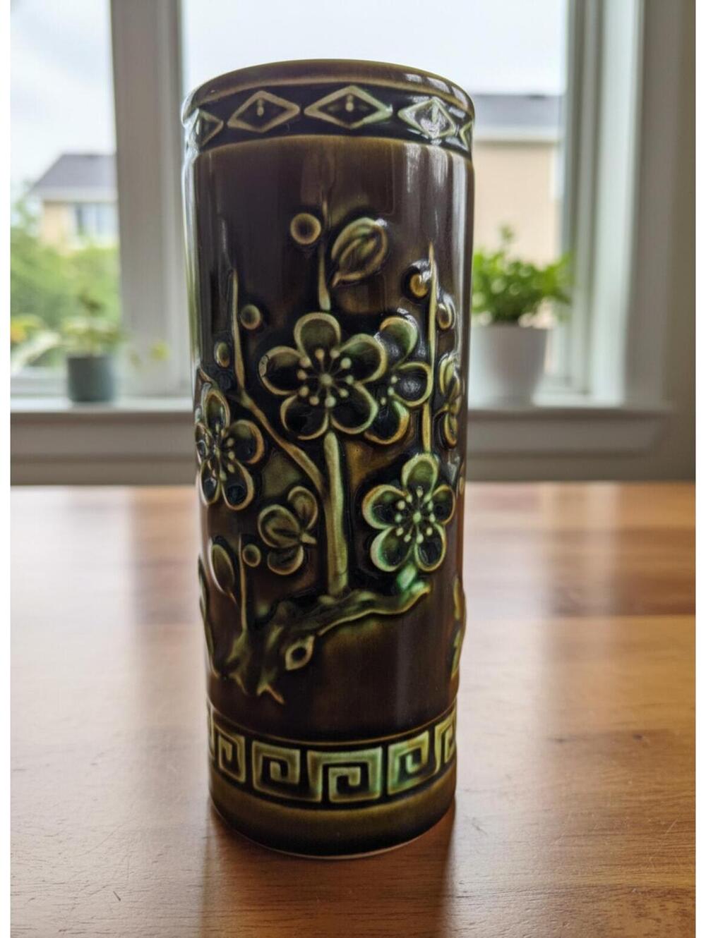 Vintage Tilso Japan Ceramic Cylinder Vase Embossed Green Brown Floral 7"